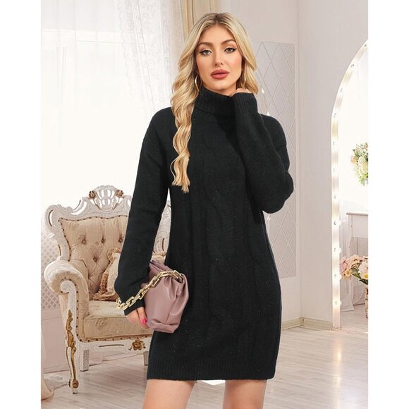 Women's Long Sleeve Turtleneck Sweater Dresses Ribbed Knit Midi Dress Black - Picture 2 of 5